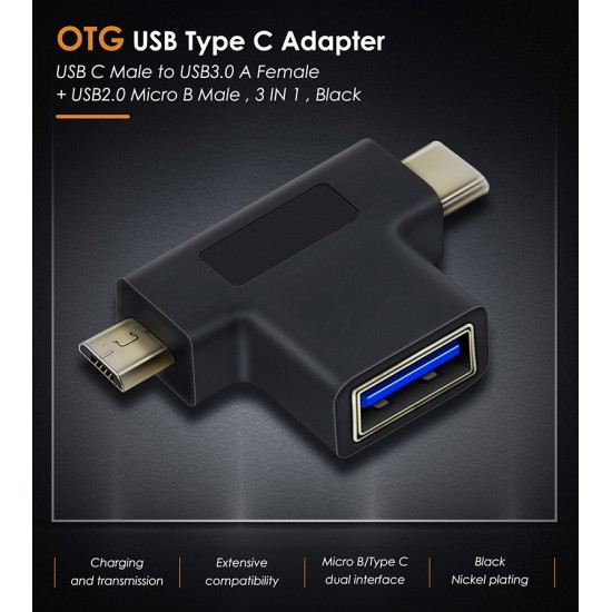 CABLETIME αντάπτορας USB-C σε USB-A 3.0 + USB Micro B 2.0 C160, μαύρος