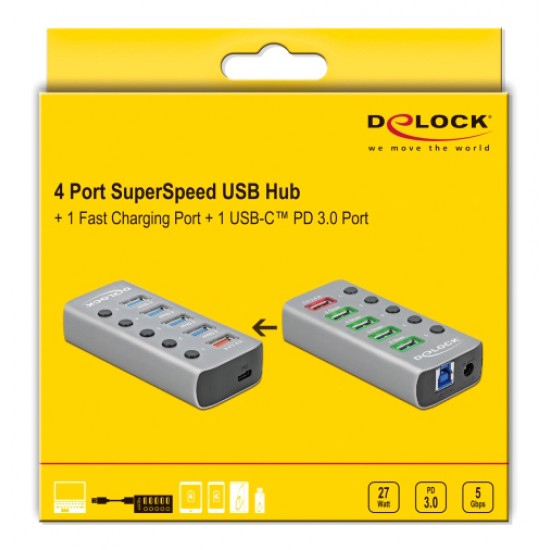 DELOCK hub 5x USB + 1x Type-C PD με διακόπτες 63263, 5Gbps, 2.4A, γκρι