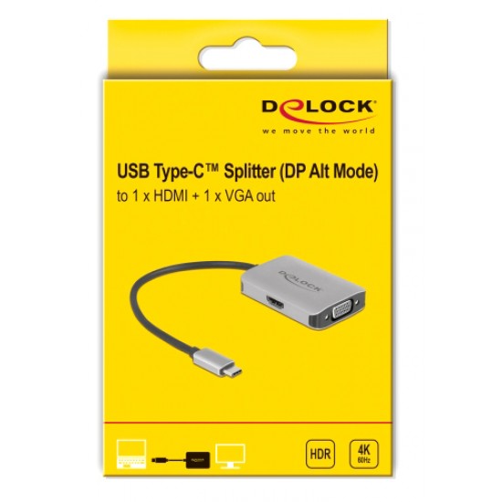 DELOCK αντάπτορας USB Type-C σε HDMI + VGA 87776, 4K, HDR, 20cm, ασημί