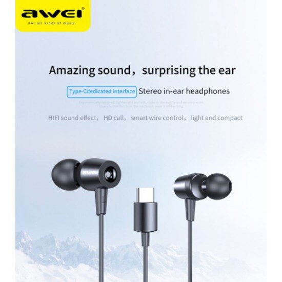 AWEI earphones με μικρόφωνο TC-1, Type-C, 1.2m, μαύρα