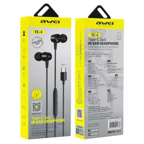 AWEI earphones με μικρόφωνο TC-1, Type-C, 1.2m, μαύρα