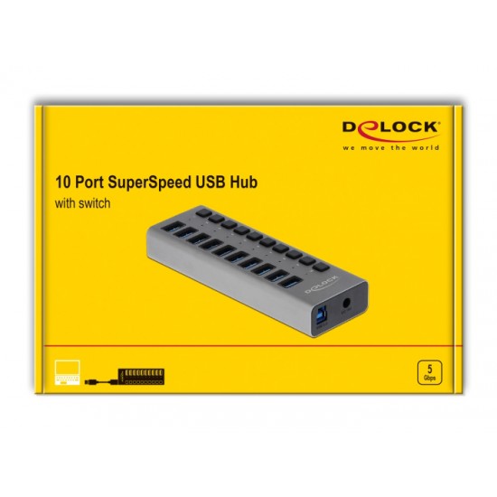 DELOCK hub 10x USB με διακόπτες 63670, USB 3.0, 5Gbps, LED, γκρι