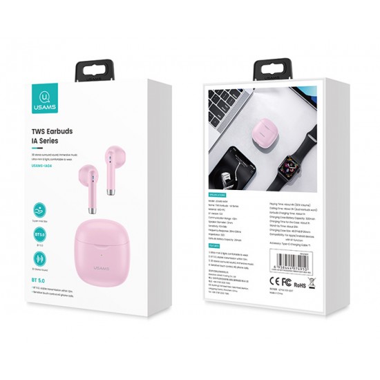 USAMS earphones IA04 με θήκη φόρτισης, True Wireless, ροζ