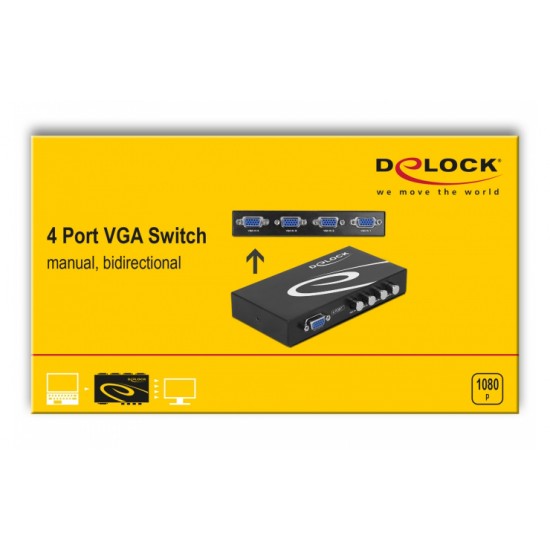 DELOCK VGA switch 87635, 4 ports, bidirectional, Full HD, μαύρο