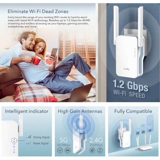 CUDY Wi-Fi range extender RE1200, dual band, mesh, AC1200