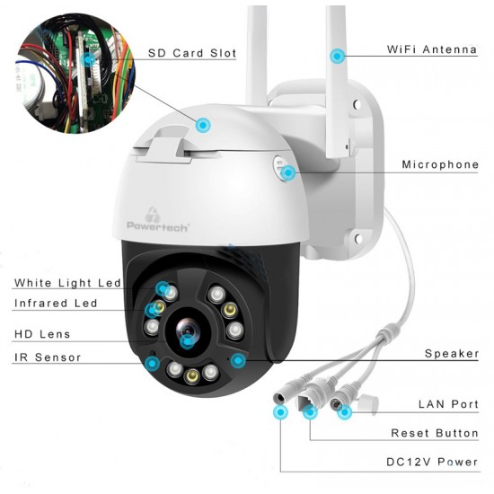 POWERTECH smart κάμερα PT-1086, 3MP, 4x digital zoom, Wi-Fi, PTZ, IP65